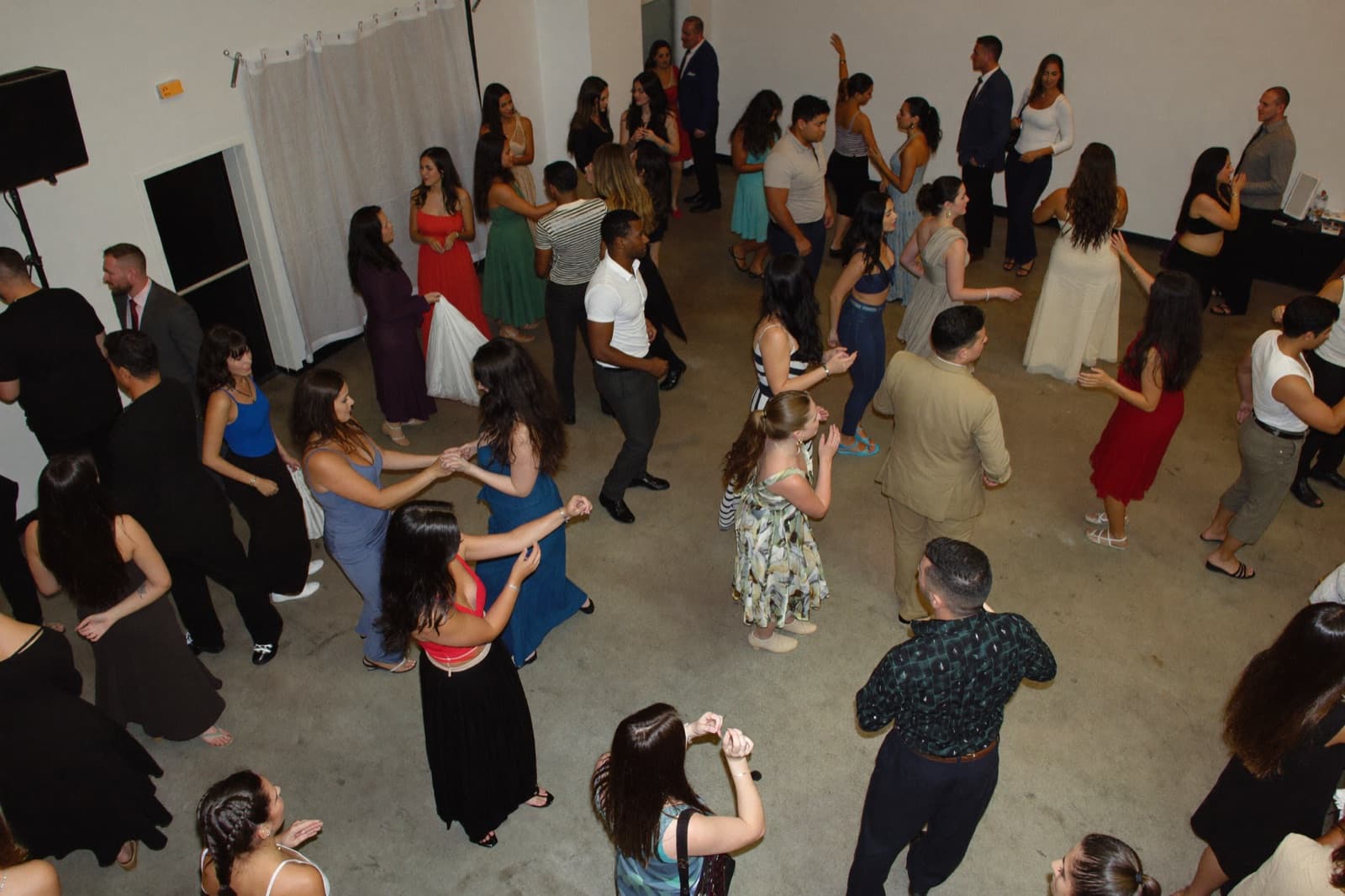 A busy social dance floor seen from above, many couples dancing